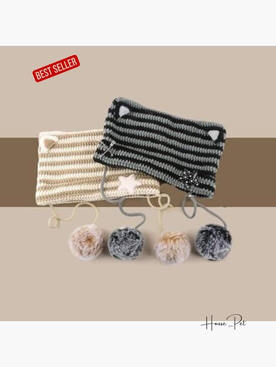 Kawaii Cat Ear Beanie Hat with Star Pom Poms Y2K Cute Crochet Goth Knit Slouchy
